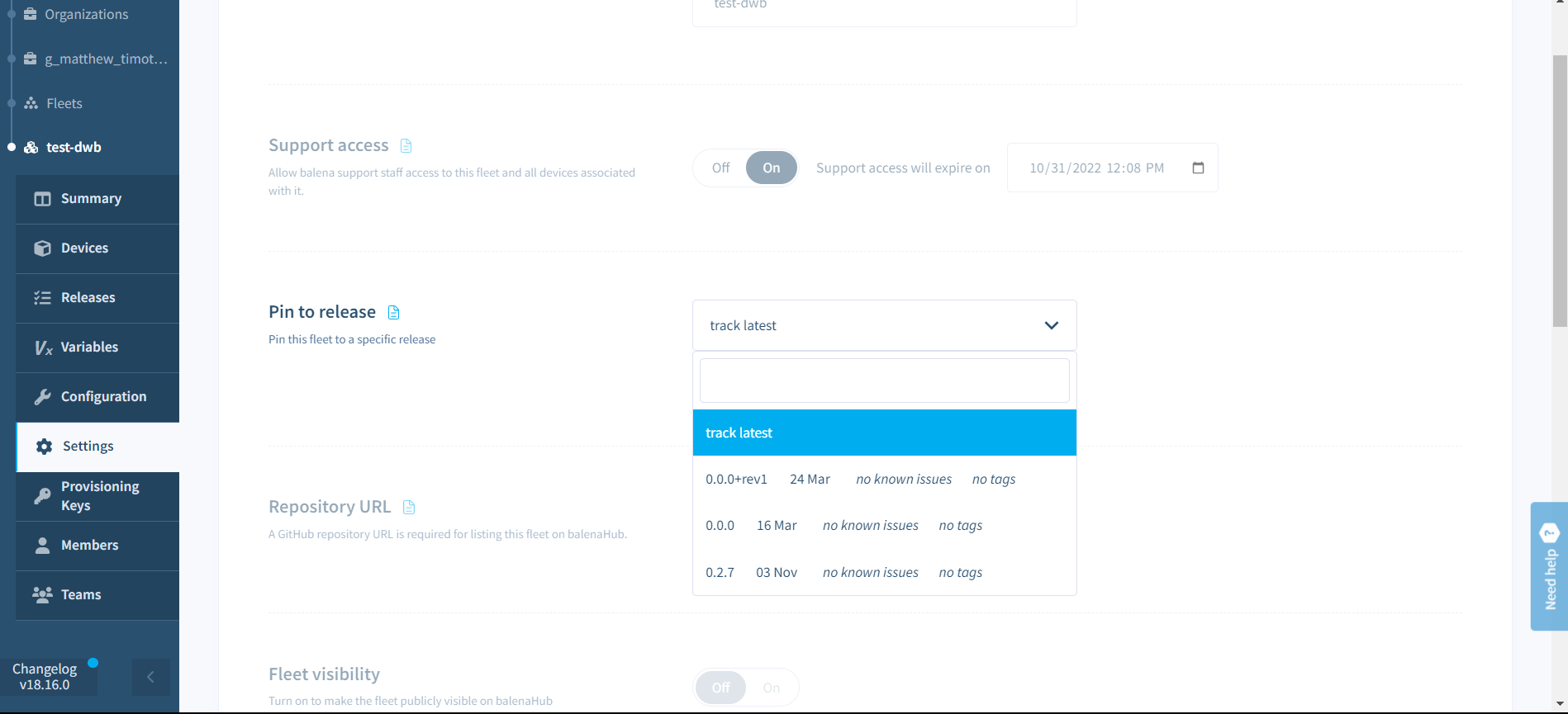 Pin fleet to release setting